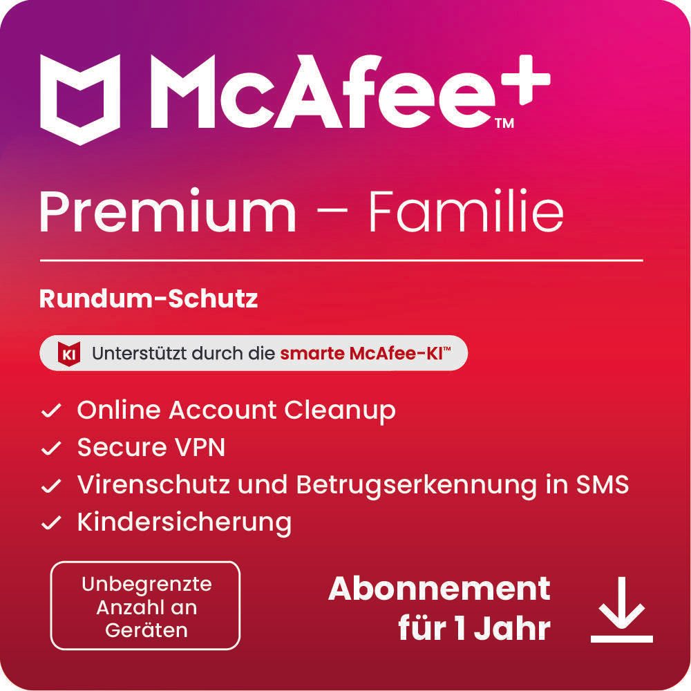 McAfee+ Premium - Family - Abonnement-Lizenz (1 Jahr) - Download - Win, Mac, Android, iOS - Deutsch - R MPP31MNRURDACD