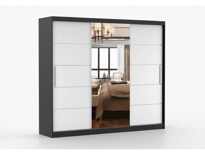 Schwebetürenschrank ASTRA 233 cm Schwarz Weiß + Spiegel