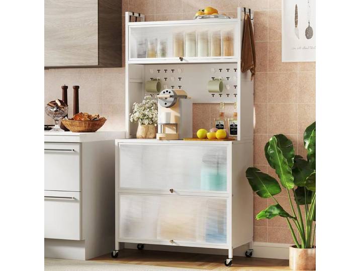 GIANTEX Desserte de Cuisine 80x40x160CM avec Rangement sur 5 Niveaux-Portes Battantes-Crochets Supérieurs-Panneau Perforé Blanc