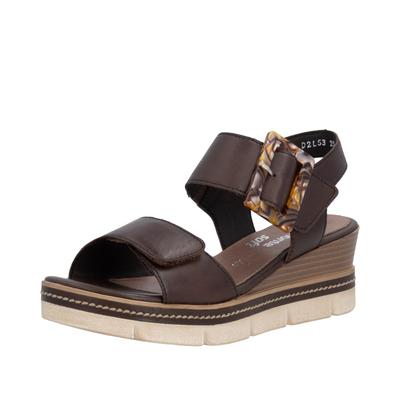 Keilsandalette REMONTE "Elisabeth Hurley-Collection", Damen, Gr. 40, braun (dunkelbraun), Leder, unifarben, Schuhe, Keilabsatz, Riemensandale, Sommerschuh, auffällige Zierschnalle