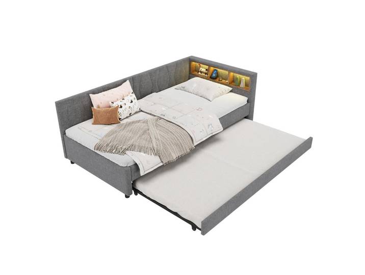 Okwish Daybett 90/200 cm Grau mit Ablagefach und LED-Beleuchtung aus Leinen, 90x200 cm, Schlafzimmer, Betten, Polsterbetten