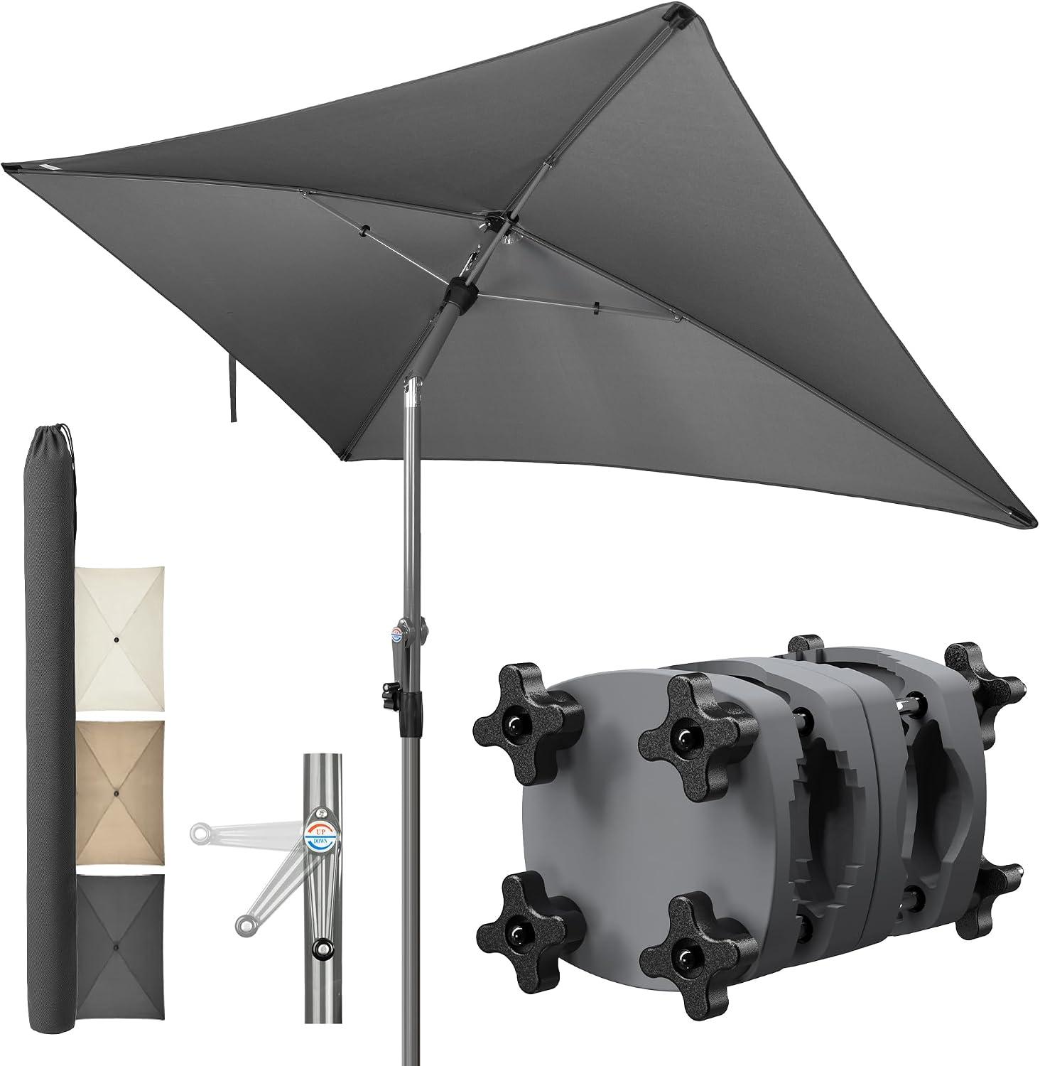 Menz rechteckiger Balkonschirm im 3-er-Set mit Halterung und Kurbel, UV 50+, 200x125 cm, Anthrazit, Sonnenschutz für Balkongeländer