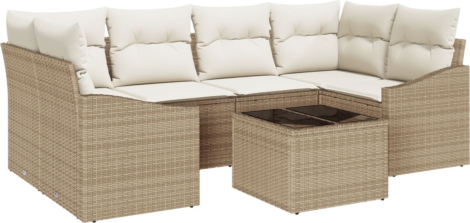 7-teiliger Garten-Essbereich mit Kissen Beige Poly Rattan, Gartensofas DesignMöbel Neu