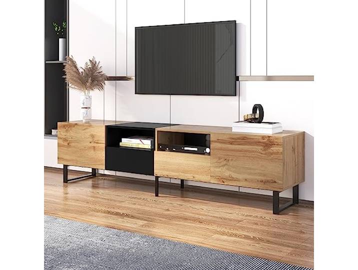 Merax TV Schrank, TV Lowboard mit Schubladen, Moderner Fernsehtisch mit Stauraum, TV Tisch für Wohnzimmer und Esszimmer, Holzfarbe & Schwarz, 190 x 38 x 48 cm