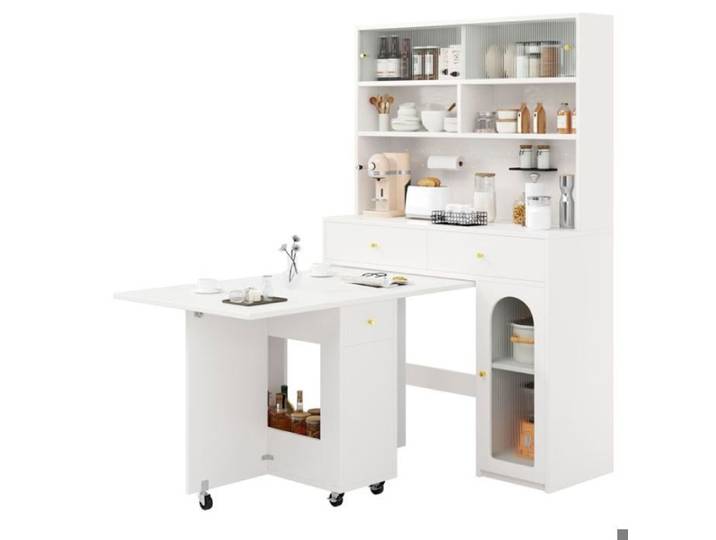 Ensemble de Cuisine Multifonctionnel : Armoire Haute 120×45×180cm + Table Rabattable 120×75×75cm MDF Blanc Doré BUFFET DE CUISINE