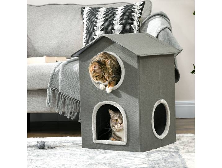 PawHut Maison Chats 2 Niveaux, Coussins Lavables, Gris 42x46x59.5 cm