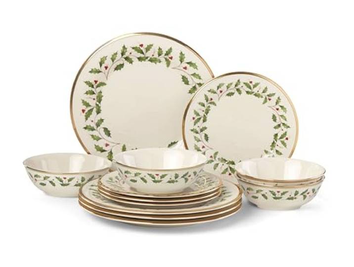 Lenox 893172 Holiday 12-teiliges Teller und Schüssel-Set, Weihnachtsgeschirr, Gastgeber