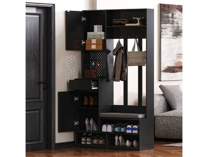 Meuble Entree Porte Manteau Vestiaire D'Entrée avec Banc et 4 Crochets Meuble Entree Rangement Portes Tiroirs Noir 100×180×35cm