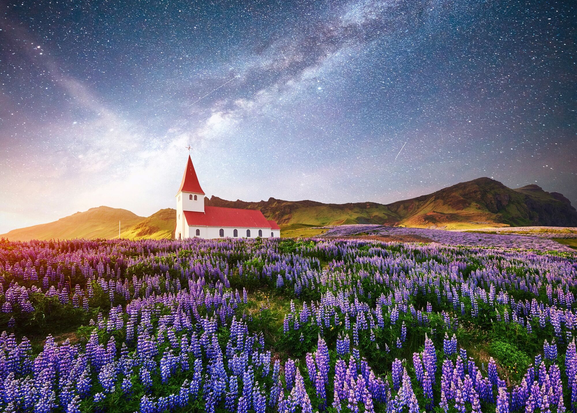 Fototapete PAPERMOON "BLUMEN-WIESE-FELD ISLAND KIRCHE STERNE HIMMEL BERGE", bunt, B:4,5m L:2,8m, Vlies, Tapeten, Fototapete bunt B/L: 4,5m x 2,8m, Bahnen: 9 Stk.