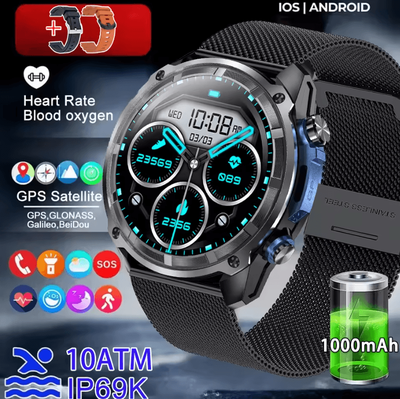 Inspire Curations Military Offline Map GPS Smartwatch With 4GB Storage & 1000mAh Battery black Mesh Belt 2a