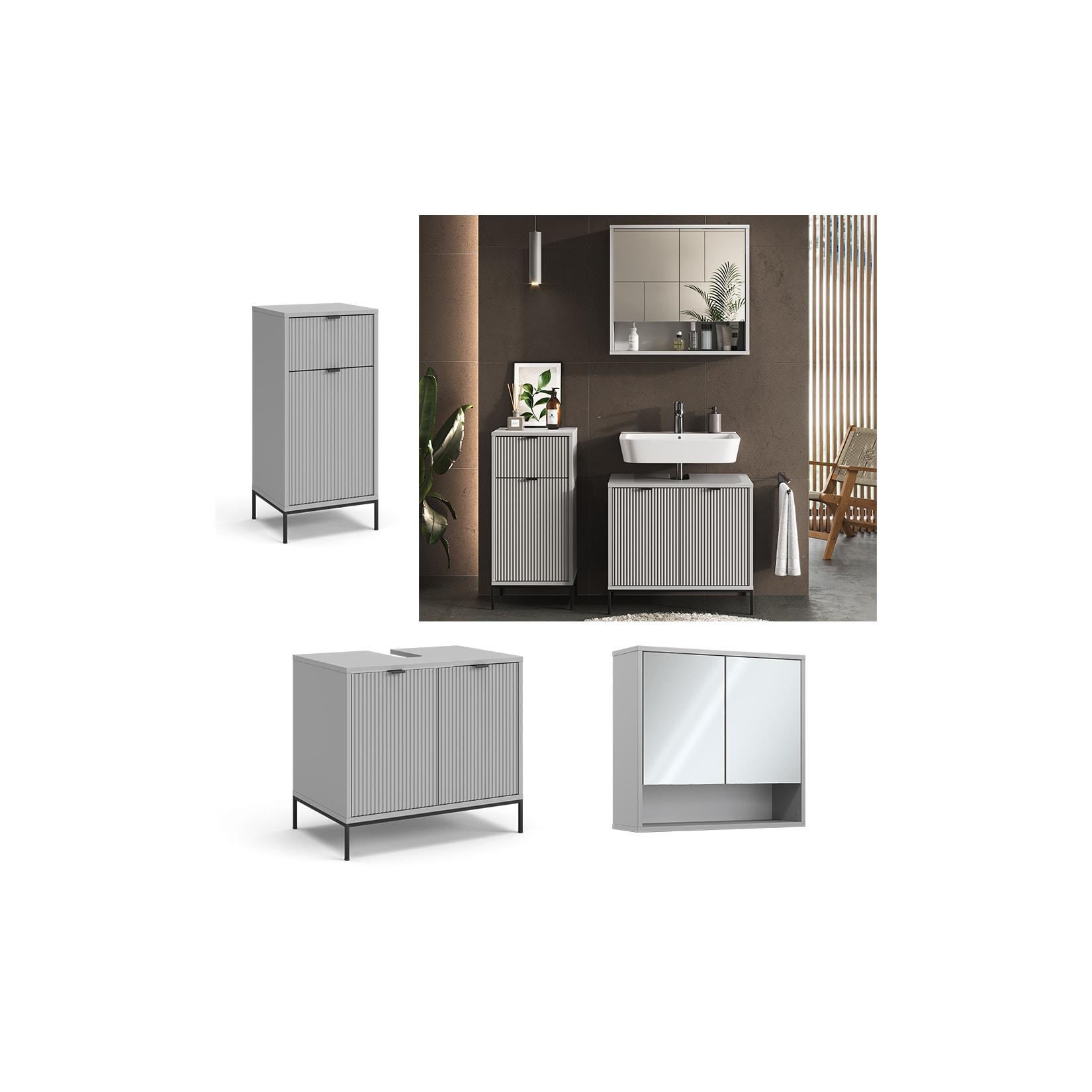 Vicco Badmöbel-Set Eliza, Grau, Badezimmer, moderne Badserie, extravagante Fronten, Waschtischunterschrank, Spiegelschrank, Midischrank