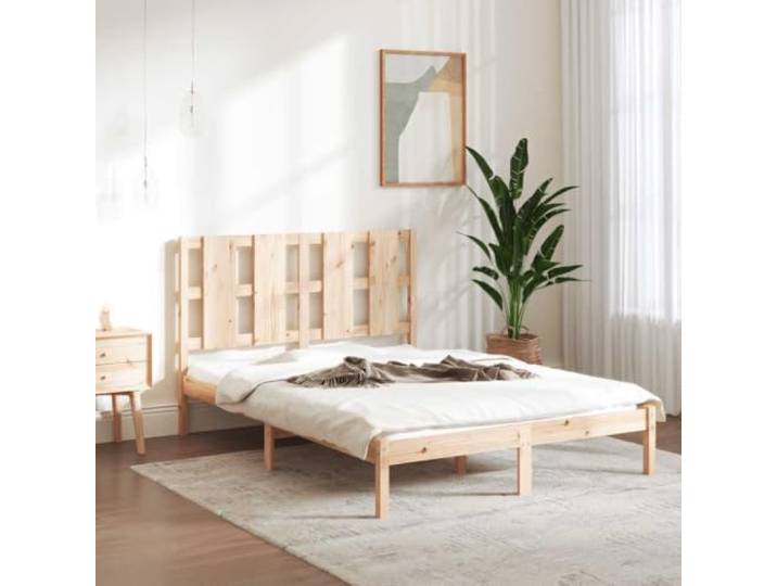 Massives Kiefernholz Bett mit Kopfteil und Lattenrost Braun 135 x 190 cm Massivholzbett 135x190 cm Kiefernholz Bettgestell mit Kopfteil Lattenrost Stabil Boho Design Schlafzimmer Moebel Natur Holz