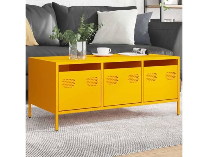 HEFZGDB Industrie-Stil Couchtisch Senfgelb 101,5x50x43,5 cm aus Kaltgewalztem Stahl mit Verstellbaren Beinen und Praktischer Tür für Stauraum