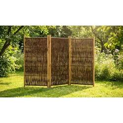 Garten Paravent 180 x 120 cm – 3-teilig, Weidenruten mit Kiefernholzrahmen, geölt & gebeizt, klappbar, ideal als Sicht- & Windschutz für den Garten