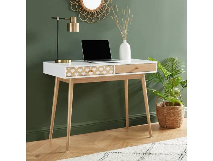 Bureau UTAH blanc et effet chêne 2 tiroirs 100cm - Bois
