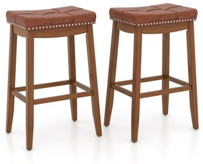 Costway 25/29 Inch Set of 2 Upholstered PU Leather Bar Stools with Saddle Seat-29 inches