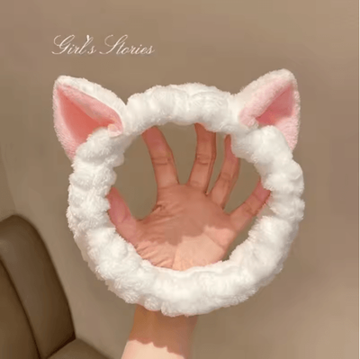 Inspire Picks Cat Coral Plush Hairband Cute Soft Bow Headband For Face Wash And Makeup white