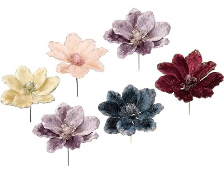 Flair Flower Magnolie Samt beglittert Weihnachtsblume Weihnachtsbaum Kränze Weihnachtsdeko Blumensträuße Blumenarrangement Gesteck,021176VAR,Creme,Rosa,Altrosa,Silber,Blau,Dunkelrot,19x18x18 cm
