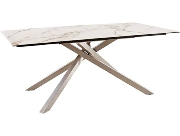 DELIFE Esszimmertisch Edge Keramik Calacatta Luxe Weiß-Gold-Grau 200x100 Kreuzgestell Rechteck Edelstahl