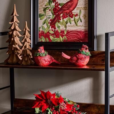 Regency International "6.5"" Resin Glitter Cardinal With Holly Set of 2"