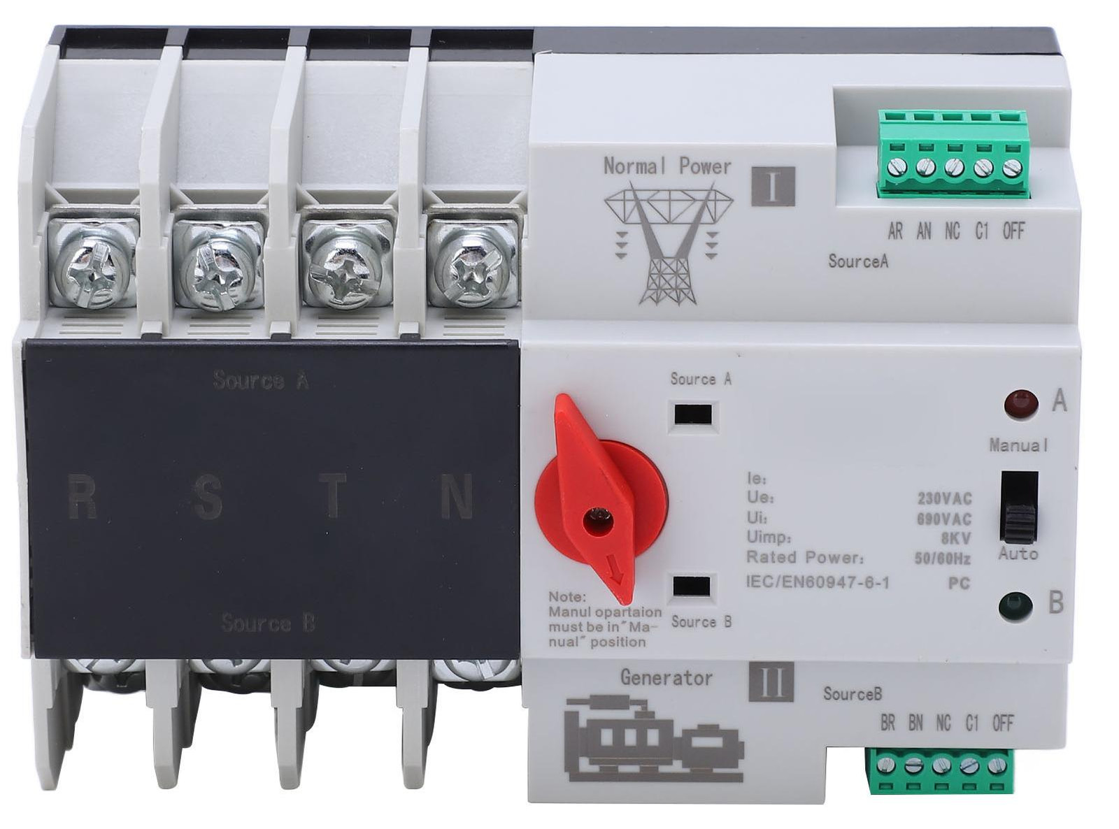 Gistuch 4P Dual Power Automatische Wisselschakelaar voor huishoudelijke apparaten, AC230V, 63A spoel