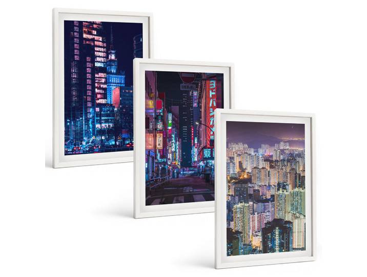 Tulup Bilder SET 3er Set - 40x60 cm Weißer Rahmen - Neonlichter der nächtlichen Stadt, Kunststoff, Rechteckig, 40x60 cm, Fotografie, Bilder & Rahmen, Bilder
