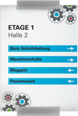 moedel MONACO Wegweiser, DIN A4, ESG-Glasscheiben, Aluminiumadapter, individuell beschriftbar, Schraub-/Klebemontage, B 210 x H 297 mm, alusilber
