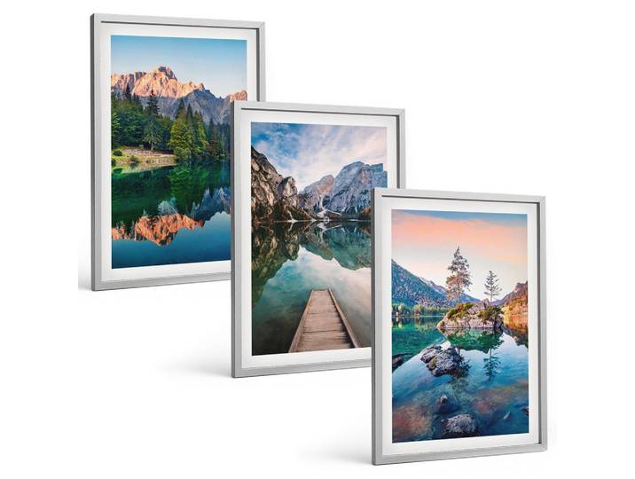 BILDER SET 3er Set - 40x60 cm Silberner Rahmen - Spiegelung des Waldes in Bergseen