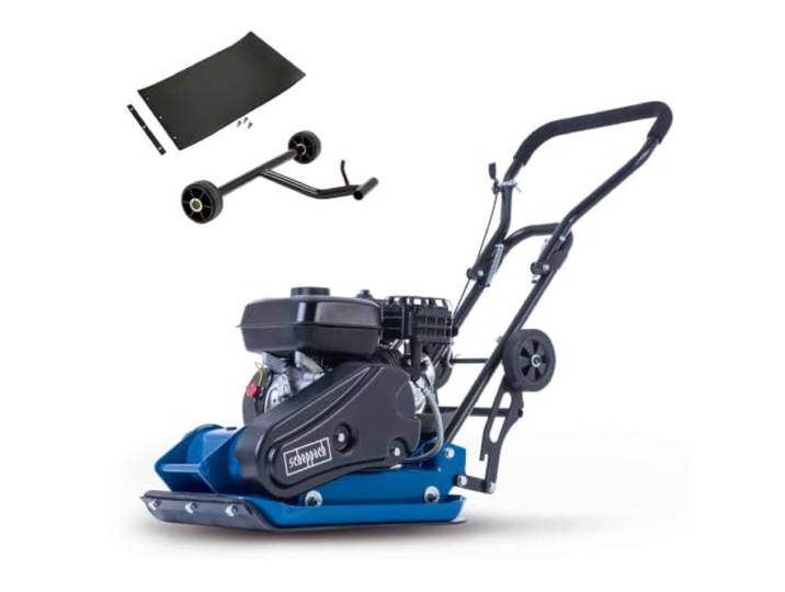 Scheppach Benzin Rüttelplatte HP2300S Vibrationsplatte mit 13000 N & 5,6 PS 30 cm Verdichtungstiefe 5000 Vibrationsstöße pro Minute Gummimatte & Fahrvorrichtung für Kies, Erde oder Pflastersteine