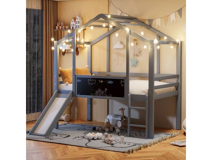 Lit enfant 90x200cm lit mezzanine en bois massif design maison avec toboggan tableau graffiti lit multifonctionnel lit simple gris