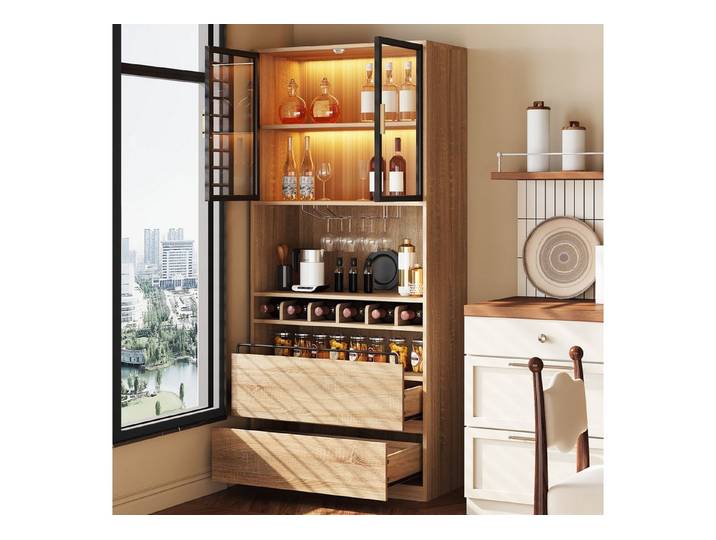 STILVORA Highboard Hochschrank mit LED&Glastüren,Weinschrank mit Verstellbare Regale (Vitrinenschrank, Badezimmerschrank, 1 St., einfache Montage), mit LED-Beleuchtung, modernes Design für Badezimmer und Wohnräume
