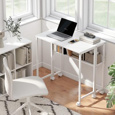 "HOMCOM Small Folding Desk, Rolling Computer Desk Foldable with Storage Bag and Shelf, 31.5"" Portable Writing Table on Wheels"