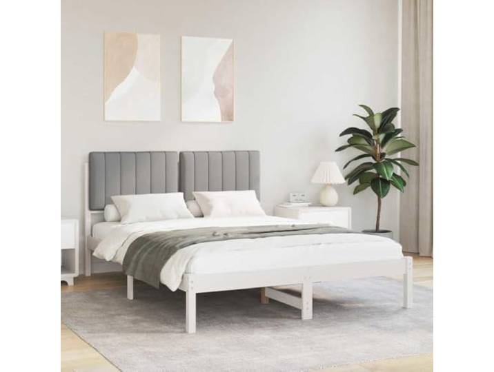 Massivholz Kiefer Leinen Look gepolstert Schlafzimmer Bettgestell Hellgrau Bettgestell mit gepolstertem Kopfteil Hellgrau 135x190 cm Massivholz Kiefer Lattenrost ohne Boxspring