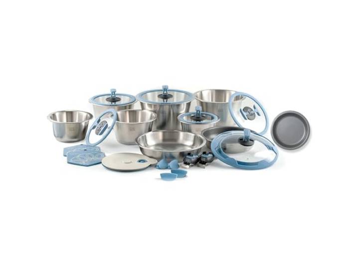 cookvision nesto stapelbares Topf- und Pfannenset 24-tlg. Blau, 6 Edelstahltöpfe für Spülmaschine, Induktion, Backofen, 3 Pfannen, 2 abnehmbare Griffe, 5 Glasdeckel, für Camping und Reisen