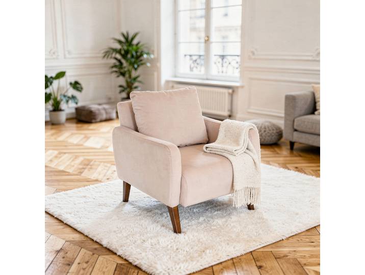 Fauteuil en frêne et velours rose poudré Léon