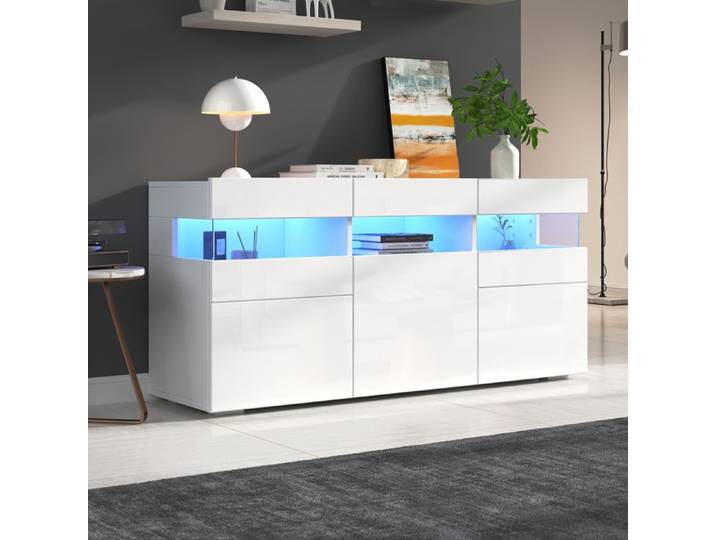 Buffet brillant avec éclairage LED - MODERNLUXE - 140x40.5x66.5 cm - 3 portes - 7 compartiments - Éclairage LED - Blanc