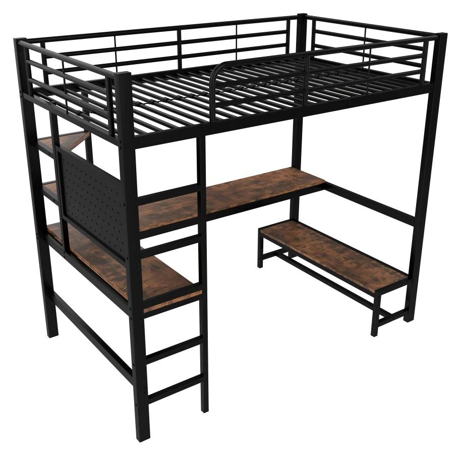 Hochbett mit Schreibtisch - 140 x 200 cm - Metallrahmen - Rausfallschutz - Leiter - USB- und USB-C-Anschlüsse mit LED-Beleuchtung - Schwarz