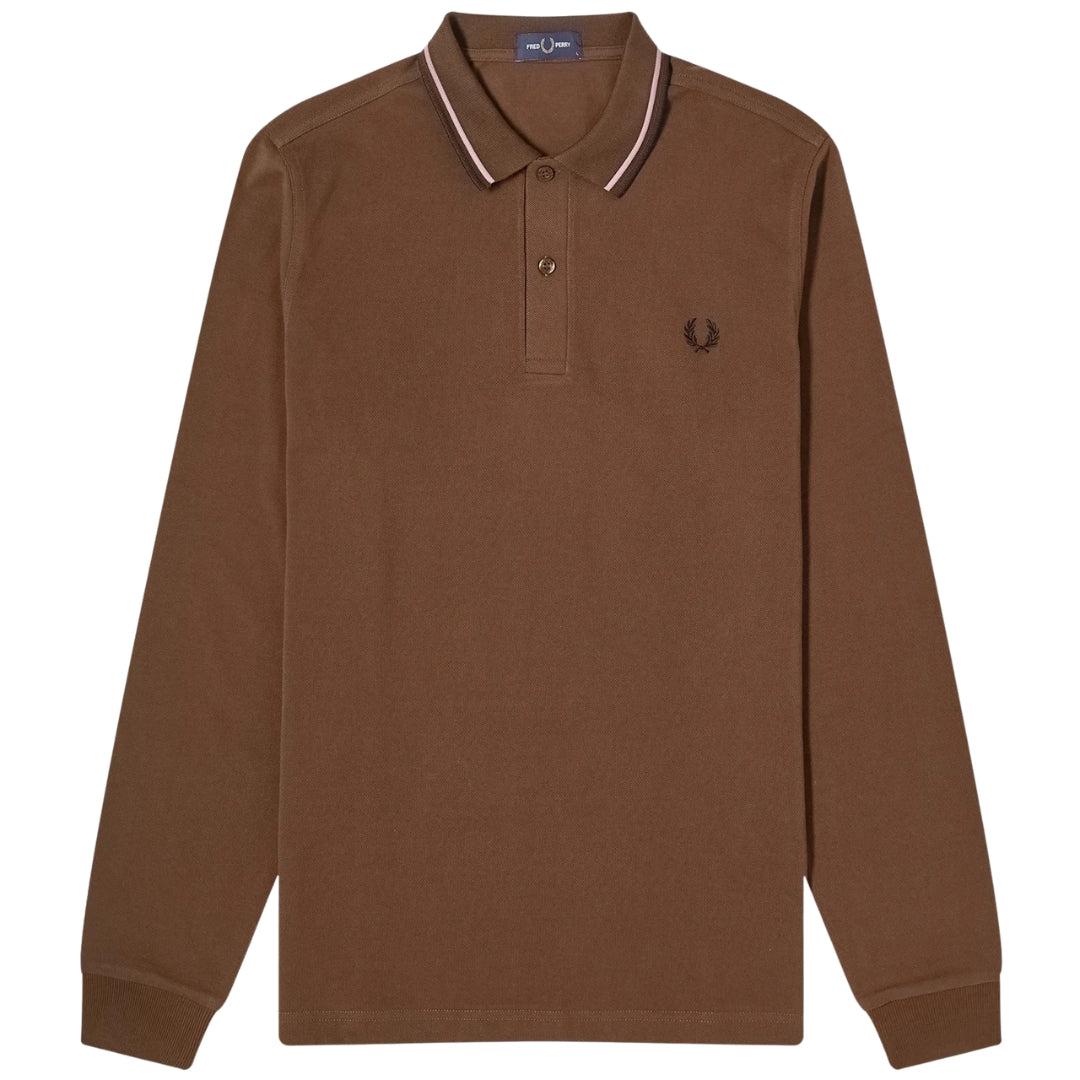 Fred Perry Poloshirt Mit Langen Ärmeln, Schwarz, Mit Zwei Farbtupfern Am Kragen Und In Der Farbe Burntobacco