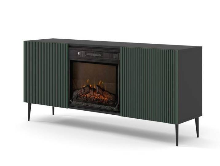 Meuble TV RAVENNA 2D 170 cm avec cheminée électrique noir mat / vert foncé