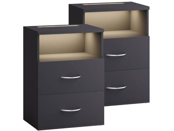 CASARIA 2x Table de nuit avec éclairage LED Touch Anthracite 40x28x55cm en Bois 2 tiroirs Table de chevet Chambre à coucher