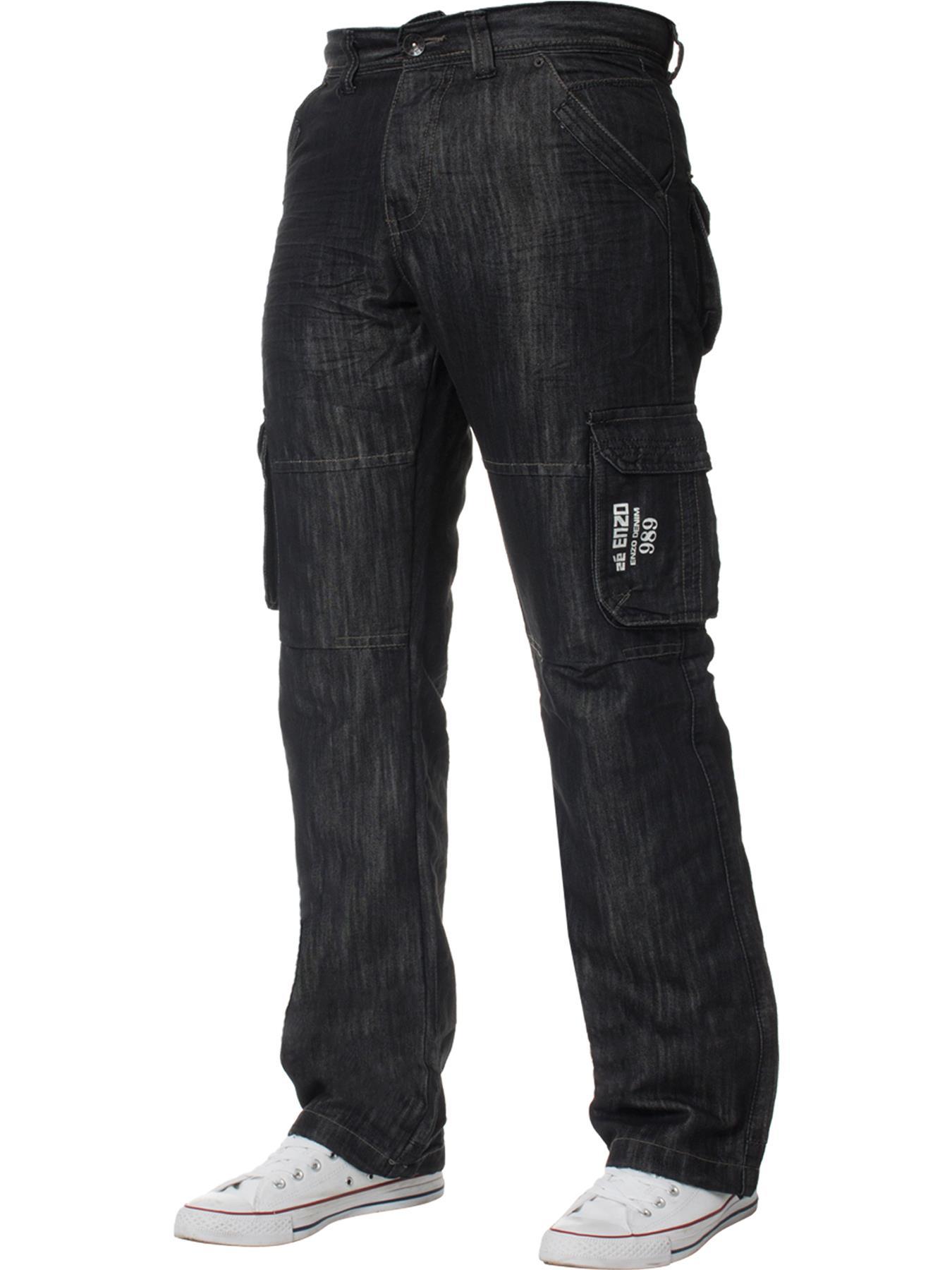 Enzo | Herren Cargo Combat Jeans - Schwarz gewaschen
