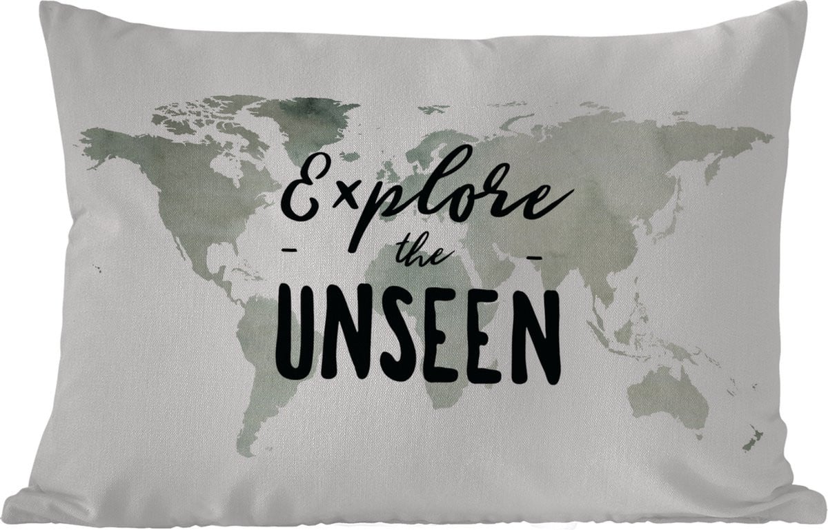 Buitenkussen met wereldkaart print in grijze waterverf en de quote Explore the unseen - 60 x 40 cm