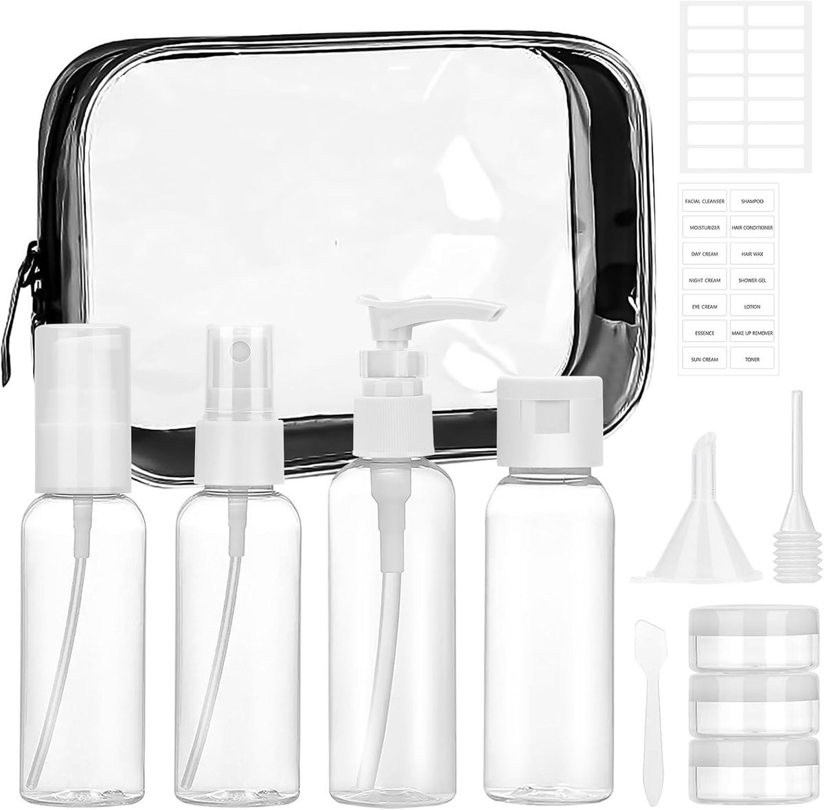 Set van 10 herbruikbare reisflesjes van 2 fl oz voor cosmetica inclusief labels en accessoires - ShopVlot