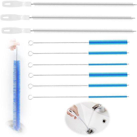 Unyqoos 9-delige set flexibele afvoerreinigingsborstels voor keuken en badkamer, 3 x 45 cm afvoerreinigers en 6 buisborstels van roestvrij staal en nylon