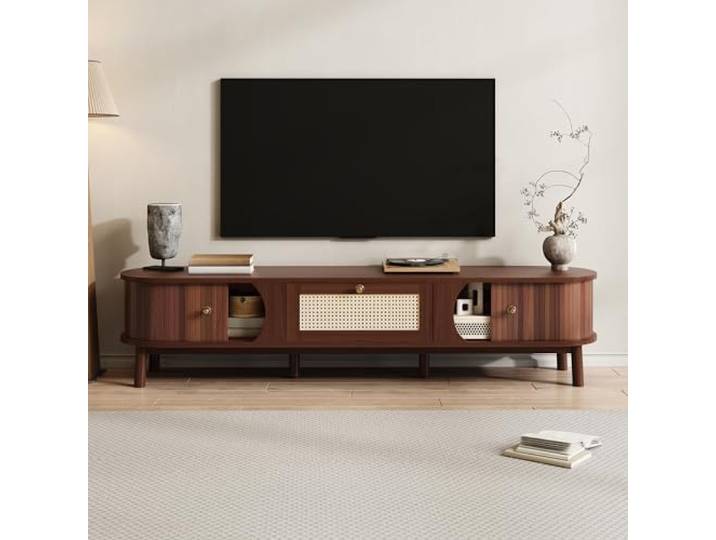 FammyLoft TV-Board mit Schubladen aus Rattan, TV-Schrank mit Türen aus Naturholz, Fernsehschrank, Natürliche Aufbewahrungslösungen für EIN Rustikales Ambiente, 170cm, Holzfarbe und Hellgelb