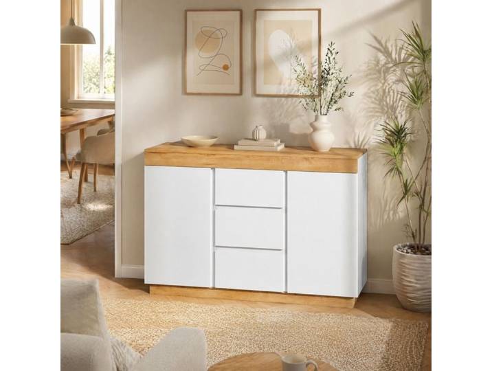 Commode - ZEVKOR - 3 tiroirs 2 portes - Blanc et chêne - 120 5x40 2x82 5 cm - Panneaux de particules