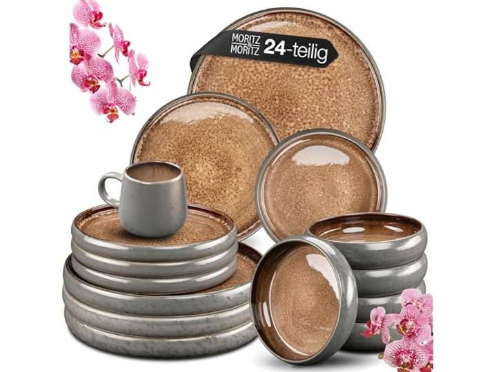 Moritz & Moritz Steingut Geschirr Set 6 Personen mit Tassen - 24-tlg. Geschirrset 6 Personen aus je 6 Dinner Teller, Kleine und Tiefe Teller und Tassen mit Henkel
