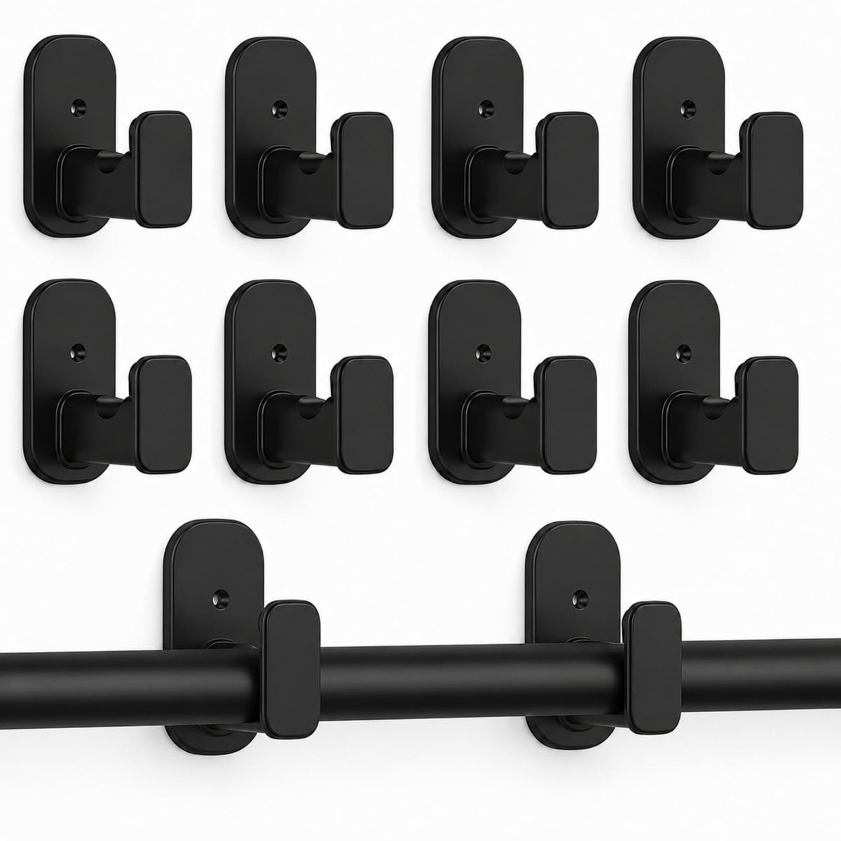Set van 8 zelfklevende gordijnroedehouders voor gordijnroedes van 16 mm, zwart
