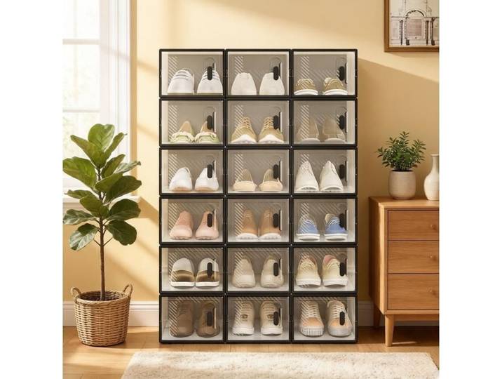 Boîtes à chaussures empilables 18 pièces transparentes noires rangement modulable ouverture frontale 20 kg TYNQER