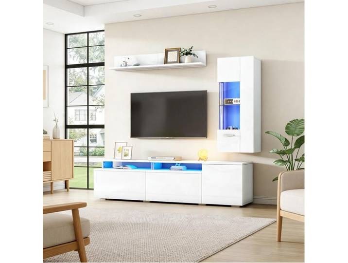 SENVIRO Ensemble meuble TV mural 3 pièces 180 cm vitrine et étagère LED USB blanc brillant